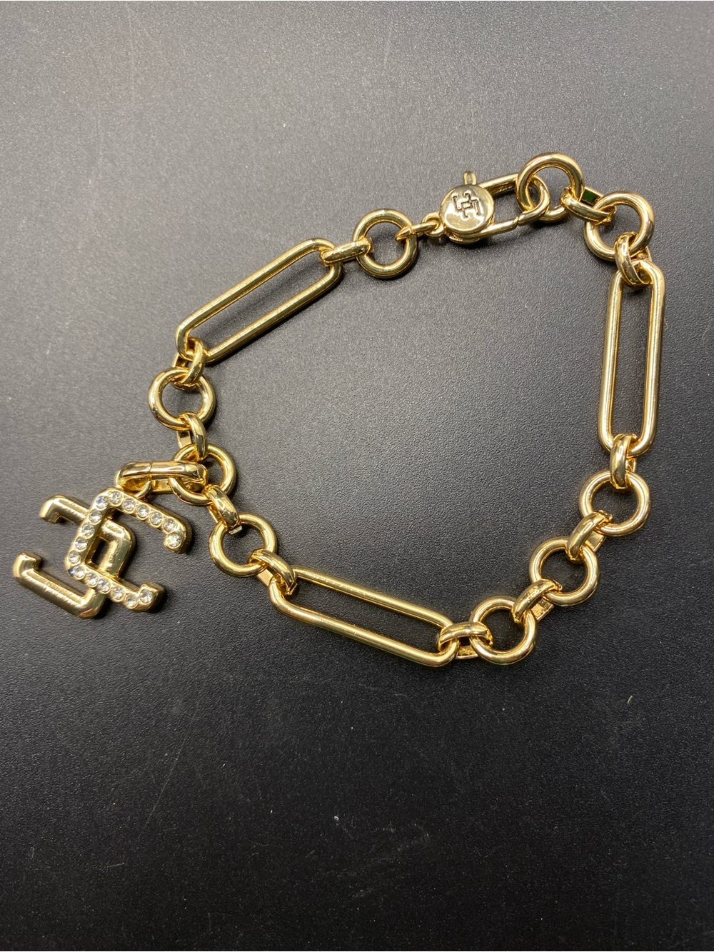 CHICO’S Gold Paperclip Bracelet With Logo Charm